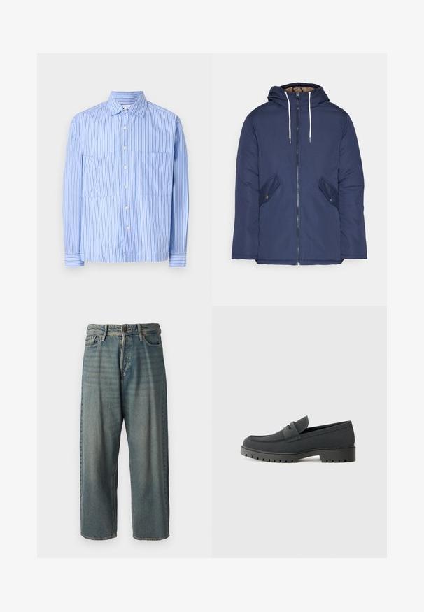 Granatowa pikowana kurtka z kapturem, z zamkiem z przodu, dwoma bocznymi kieszeniami z guzikami oraz białymi sznurkami.; Jasnoniebieska koszula w paski z długimi rękawami, dwoma przednimi kieszeniami, zapięciem na guziki oraz kontrastującymi cienkimi paskami. Wykonana z materiału mieszanki bawełny.; Jasnoniebieskie dżinsy o luźnym kroju, średnim stanie i prostych nogawkach. Posiadają pięć kieszeni, szlufki na pasek oraz zapięcie na guzik.; Czarne mokasyny o gładkim, matowym wykończeniu, z okrągłym noskiem i grubą, teksturowaną podeszwą. Udekorowane przednim paskiem.