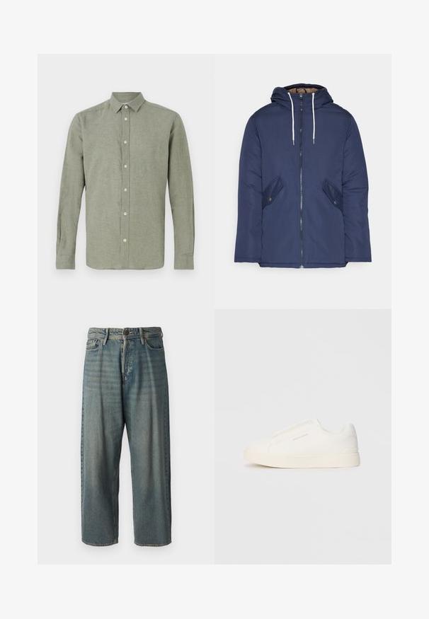 Jachetă căptușită bleu marin cu glugă, având un fermoar frontal, două buzunare laterale cu nasturi și șnururi albe.; Cămașă cu mânecă lungă, cu guler, de culoare verde deschis, realizată dintr-un material texturat, având închidere cu nasturi pe toată lungimea și tiv drept.; Jeans din denim bleu deschis, cu o croială lejeră, talie medie și picioare drepte. Au cinci buzunare, bucle pentru curea și închidere cu nasture.; Tenisi albi slip-on cu o suprafață texturată, talpă groasă și un design minimalist. Prezintă logo-ul brandului pe lateral.