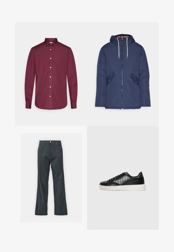 Casaco acolchoado azul-marinho com capuz, apresentando um fecho frontal com zíper, dois bolsos laterais com botões e cordões brancos.; Camisa de botão de manga longa bordeaux, feita de algodão, com colarinho clássico, botões brancos e bainha curva. Textura suave, ajuste tailored.; Calças pretas com corte reto, feitas de um tecido em mistura de algodão. Apresenta um fecho com botão metálico e bolsos laterais. Sem padrões visíveis.; Tênis pretos com cabedal em couro texturizado com relevo de crocodilo, bico arredondado e sola de borracha branca em contraste, com acabamento suave.