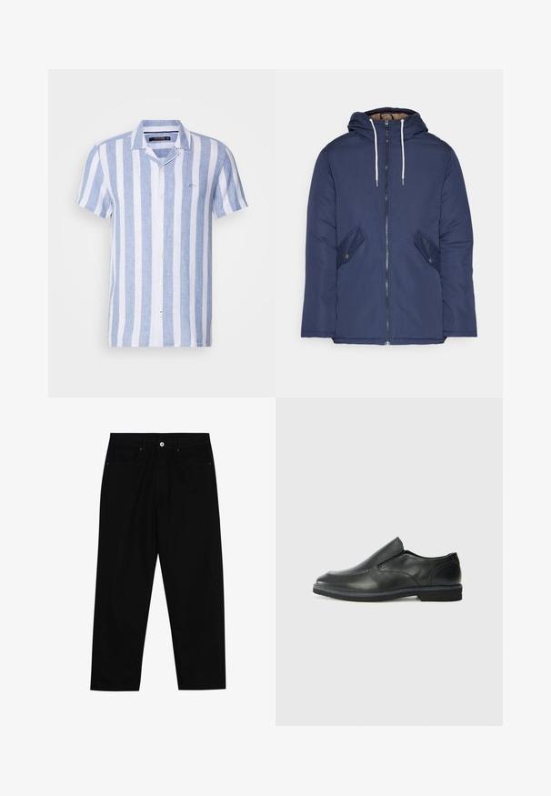Marineblå polstret jakke med hette, med glidelås foran, to sidelommer med knapper og hvite snorer.; Kortermet skjorte med knappestolpe i blå og hvite vertikale striper, laget av lett materiale, med krage og logo på brystet.; Sorte denimbukser med rett benklipp, fem-lomme design og frontknappåpning. Jevn tekstur med minimale sømdetaljer.; Sorte skinn slip-on sko med en jevn overflate, stikking detaljer, rund tå og en lav gummihæl. Sålen har minimal mønstring.