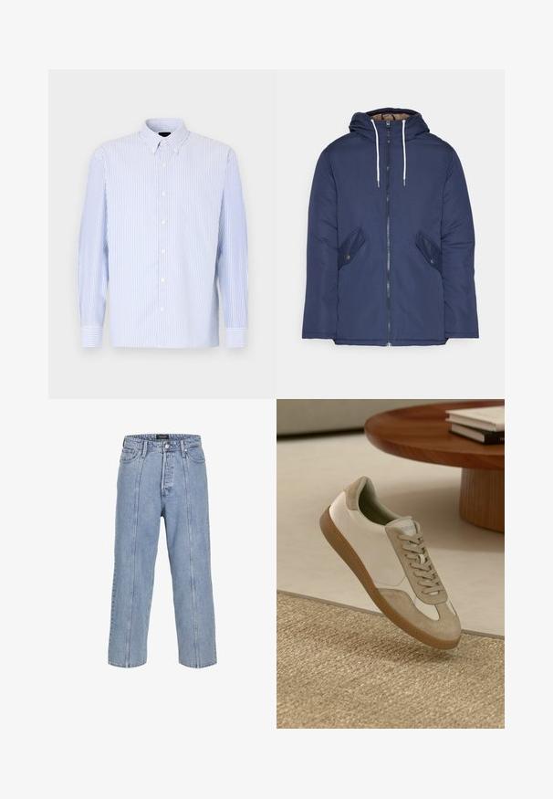 Jūrinė mėlyna pūkinė striukė su kapišonu, turinti priekinį užtrauktuką, dvi šonines kišenes su sagomis ir baltus raiščius.; Šviesiai mėlynas ir baltų juostelių ilgos rankovės marškiniai su mygtukų apykakle ir baltais mygtukais. Sklandus audinys su laisvu kirpimu.; Šviesiai mėlynos džinsinės kelnės su laisvu siluetu, plačiomis kojomis ir matomomis siuvimo detalėmis. Turi mygtuką ir užtrauktuką, taip pat penkias kišenes.; Lengvas sportinis batelis su baltu odiniu viršumi, su kreminėmis zomšos detalėmis, apvalia nosimi ir tekstūruotu rudu guminio padu.