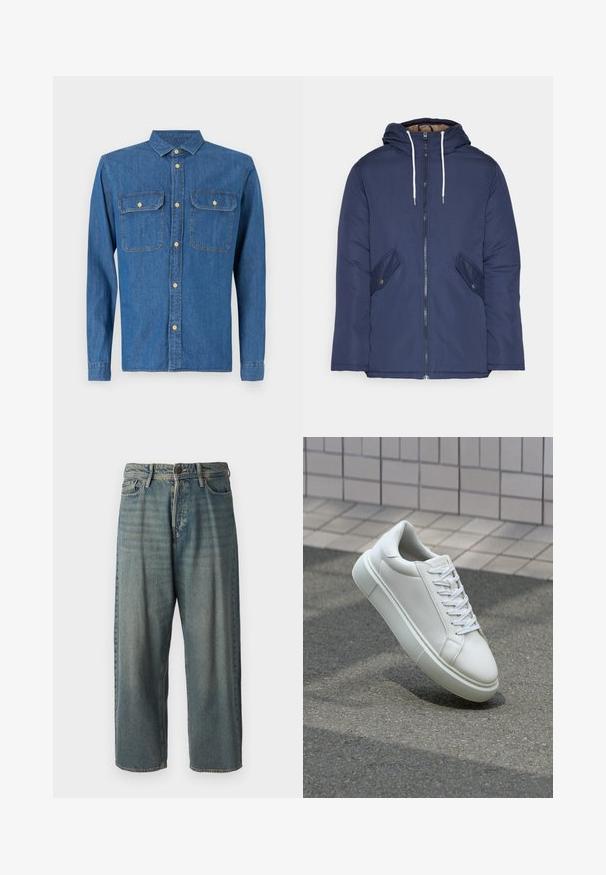 Laivasilkkinen vuorattu takki hupulla, jossa on etuvetoketju, kaksi nappikiinnityksellä varustettua sivutaskua ja valkoiset nyörit.; Tummansinisestä denimpaitasta, pitkät hihat, napitetut hihat, terävä kaulus, kaksi rintataskua ja etupuolella nappikiinnitys kultaisilla yksityiskohdilla.; Vaaleansiniset farkut, joissa on väljä istuvuus, keskikorkea vyötärö ja suorat lahkeet. Ominaisuuksiin kuuluvat viisi taskua, vyölenkit ja nappisulku.; Valkoinen nahkainen lenkkari, jossa on sileä pinta, pyöreä kärki ja tasaiset valkoiset nauhat. Varustettu teksturoidulla kumi-pohjalla ja vähäisillä muotoiluelementeillä.