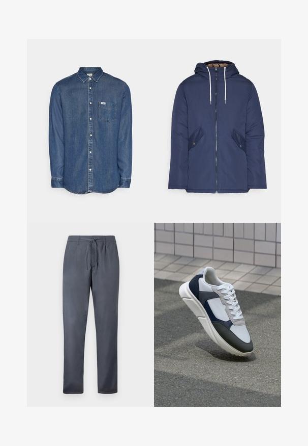 Jūrinė mėlyna pūkinė striukė su kapišonu, turinti priekinį užtrauktuką, dvi šonines kišenes su sagomis ir baltus raiščius.; Tamsiai mėlynas džinsinis marškiniai su mygtukais. Yra apykaklė, ilgomis rankovėmis, krūtinės kišenė ir balti mygtukai. Siuvimo detalės aplink kraštus.; Pilkos kelnės, pagamintos iš lygaus audinio, su raišteliu ir šoninėmis kišenėmis. Tiesaus kirpimo dizainas su švariu apdaila.; Baltos, tamsiai mėlynos ir pilkos sportbačiai su mišriomis medžiagomis, turintys tekstūruotą viršutinę dalį, plokščius raištelius ir paminkštintą pado dalį.