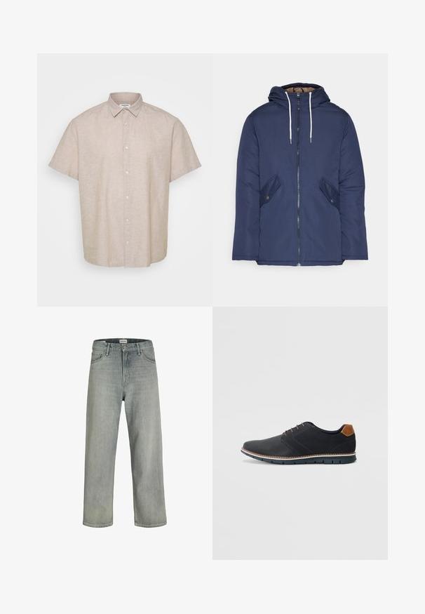 Tumesinine vahtkatseline jakk, millel on kapuuts, esilukk, kaks küljetaskut nupuga ja valged tõmblukud.; Lühikeste varrukatega, kraega heledat beezist linast särki. Omab nööpidega esiosa ja vaba lõiget, millel on sile, tekstureeritud pind.; Heledad hallhallid, laia lõikega denimist teksased. Omavad klassikalist viie tasku disaini, vööloopse ja sirget säärelõiget.; Mustavad sünteetilised jalatsid tekstureeritud pealsega, siledad aktsendid, pruun kand ja kontrastne tall. Omab minimaalset lukkude ja õmbluste dekoratsiooni.