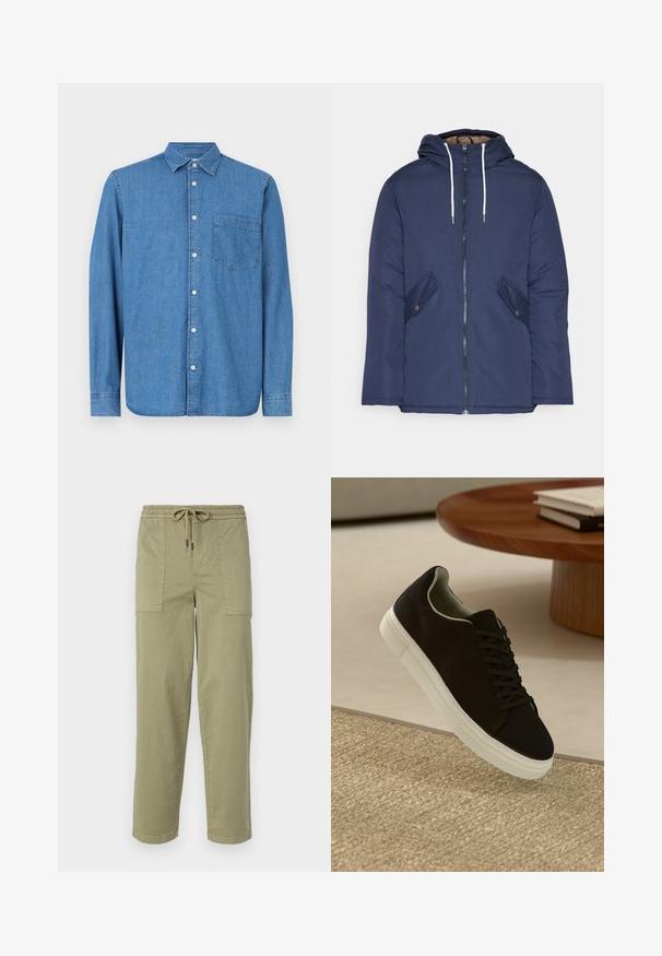 Jūrinė mėlyna pūkinė striukė su kapišonu, turinti priekinį užtrauktuką, dvi šonines kišenes su sagomis ir baltus raiščius.; Džinsinė palaidinė, šviesiai mėlyna, ilgomis rankovėmis, mygtukais susegama priekyje, apykakle, viena krūtinės kišenė, tiesi apačia, subtili tekstūra, kasdienis dizainas.; Šviesiai alyvuogių žalios spalvos kelnės, pagamintos iš medvilnės mišinio, su elastingu liemeniu ir raišteliu, bei dviem didelėmis šoninėmis kišenėmis.; Juodas sportinis batelis su baltu padu, lekiančius virš smėlio spalvos tekstūruoto kilimo šalia apvalaus medinio stalo su sukrautomis knygomis.