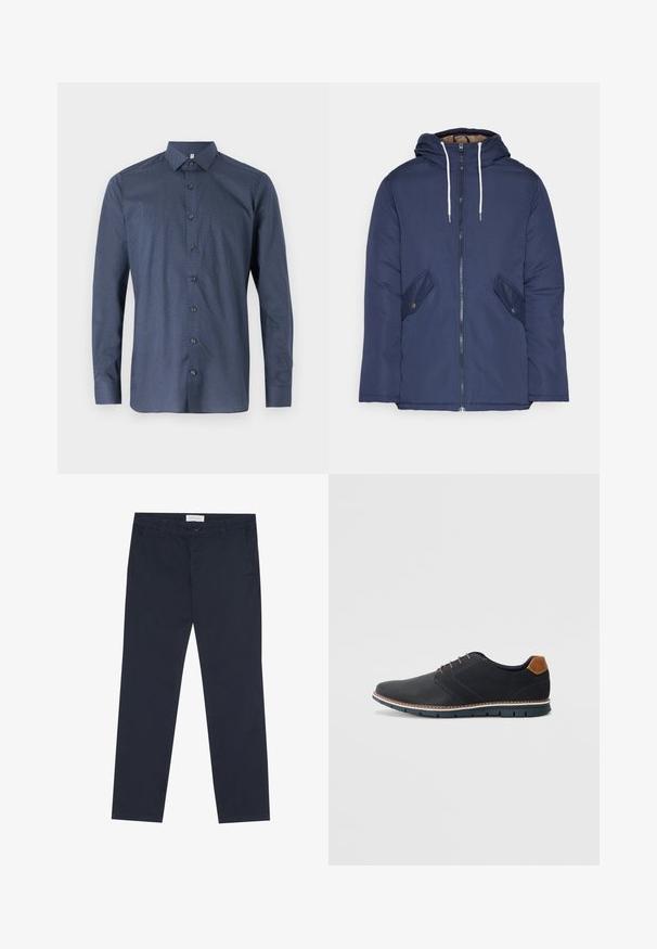 Veste matelassée bleu marine avec capuche, dotée d'une fermeture éclair à l'avant, de deux poches latérales avec boutons et de cordons de serrage blancs.; Chemise à manches longues bleu marine avec un motif géométrique subtil, fermeture à boutons sur le devant et col standard. Fabriquée en tissu lisse avec une texture élégante.; Chinos bleu marine en coton, à la texture douce, avec une fermeture éclair, des passants de ceinture et des poches latérales pour plus de fonctionnalité.; Chaussures synthétiques noires avec un dessus texturé, accents lisses, talon marron et semelle contrastante. Présente un laçage minimal et des détails de couture.