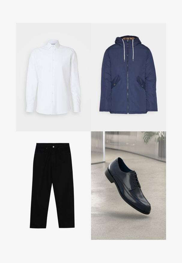 Veste matelassée bleu marine avec capuche, dotée d'une fermeture éclair à l'avant, de deux poches latérales avec boutons et de cordons de serrage blancs.; Chemise blanche à manches longues avec boutons, en coton lisse. Elle présente un col classique, une patte de boutonnage à l'avant et un ourlet droit.; Pantalons en denim noir avec une coupe droite, un design à cinq poches et une fermeture à bouton à l'avant. Texture lisse avec des détails de couture minimaux.; Souliers habillés en cuir noir brillant avec des lacets, flottant au-dessus d'un sol lisse gris clair et de barres métalliques verticales en arrière-plan.