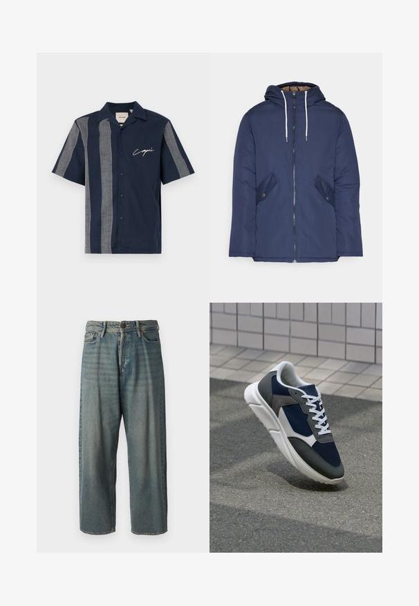 Jūrinė mėlyna pūkinė striukė su kapišonu, turinti priekinį užtrauktuką, dvi šonines kišenes su sagomis ir baltus raiščius.; Trumpa rankovėmis tamsiai mėlyna marškinėlių su baltomis tinklo rašto juostelėmis ir "Capri" ženklu ant krūtinės. Su sagų užsegimu.; Šviesiai mėlyni džinsai su laisvu siluetu, vidutinio aukščio juosmeniu ir tiesiomis kojomis. Su penkiais kišenėmis, diržo kilpo ir mygtukų uždarymu.; Sportiniai bateliai su tamsiai mėlynu tinkliniu viršumi, pilkais zomšiniais akcentais, balta guma padanga ir plokščiomis baltomis raištelėmis, sukurti komfortui ir oro pralaidumui.