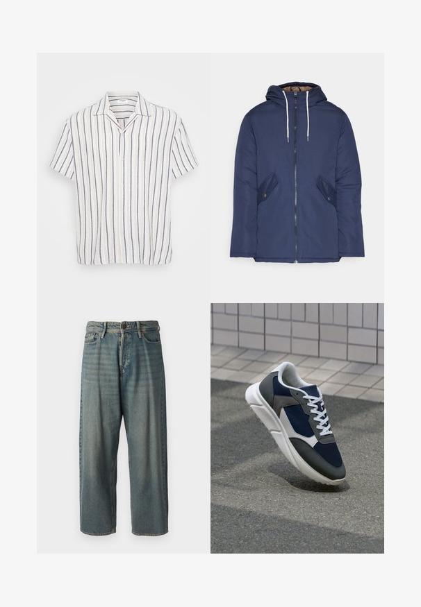Veste matelassée bleu marine avec capuche, dotée d'une fermeture éclair à l'avant, de deux poches latérales avec boutons et de cordons de serrage blancs.; Chemise à manches courtes avec des rayures verticales en blanc, bleu marine et beige clair. Fabriquée en tissu léger avec un col évasé.; Jeans en denim bleu clair avec une coupe ample, taille mi-haute et jambes droites. Comprend cinq poches, des passants de ceinture et une fermeture à bouton.; Baskets avec une tige en mesh bleu marine, des accents en suède gris, une semelle en caoutchouc blanc et des lacets plats blancs, conçues pour le confort et la respirabilité.