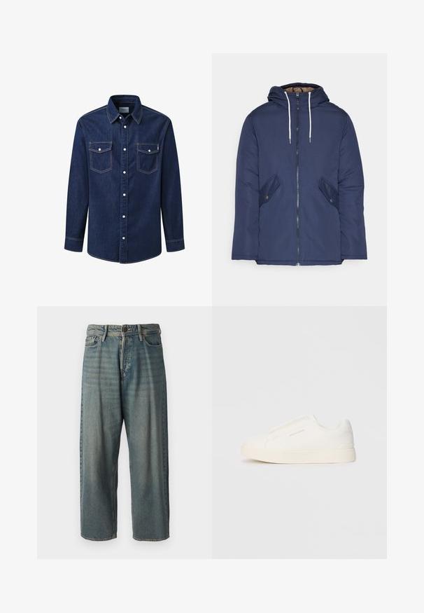 Tumesinine vahtkatseline jakk, millel on kapuuts, esilukk, kaks küljetaskut nupuga ja valged tõmblukud.; Tumesinine teksajakk pikkade varrukate, terava krae, kahe rinna-tasku ja valgete nööbiga, mis on vuntsitud kontrastsete õmblustega.; Heledad sinine denim-stiilis teksad, volüümse lõike, keskmise kõrgusega talje ja sirgete säärega. Omab viit taskut, vöökumme ja nööpide sulgemist.; Valged libisemiskindlad tossud tekstuuriga pinnaga, paksu tallaga ja minimalistikus disainis. Küljel on brändi logo.