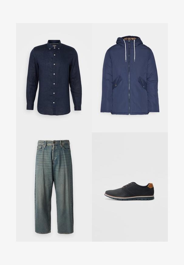 Mornarsko modra podložena jakna s kapuco, ki ima sprednji zadrgo, dva stranska žepa s gumbi in bele vrvice.; Mornarsko modra srajca z dolgimi rokavi, izdelana iz lana, z ovratnikom na gumb, šestimi gumbi spredaj in rahlo ukrivljenim robom.; Svetlomoderne kavbojke z ohlapnim krojem, srednjim pasom in ravnimi nogami. Imajo pet žepov, zanke za pas in zapiranje na gumb.; Črne sintetične čevlje z teksturirano zgornjščino, gladkimi akcenti, rjavim petnim delom in kontrastnim podplatom. Imajo minimalno vezanje in detajle šivanja.