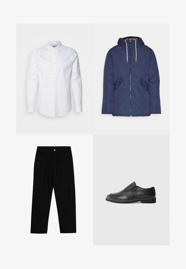 Mørkeblå polstret jakke med hætte, fremhævet af en frontlynlås, to sidelommer med knapper og hvide snore.; Hvid langærmet skjorte med knapper lavet af bomuld, med en struktureret krave, diskret logo-broderi og lysebrune knapper.; Sorte denimbukser med lige ben, fem lomme-design og knaplukning foran. Glat tekstur med minimale syninger.; Sorte læder slip-on sko med en glat overdel, syede detaljer, rund tå og en lav gummihæl. Sålen har minimal profil.