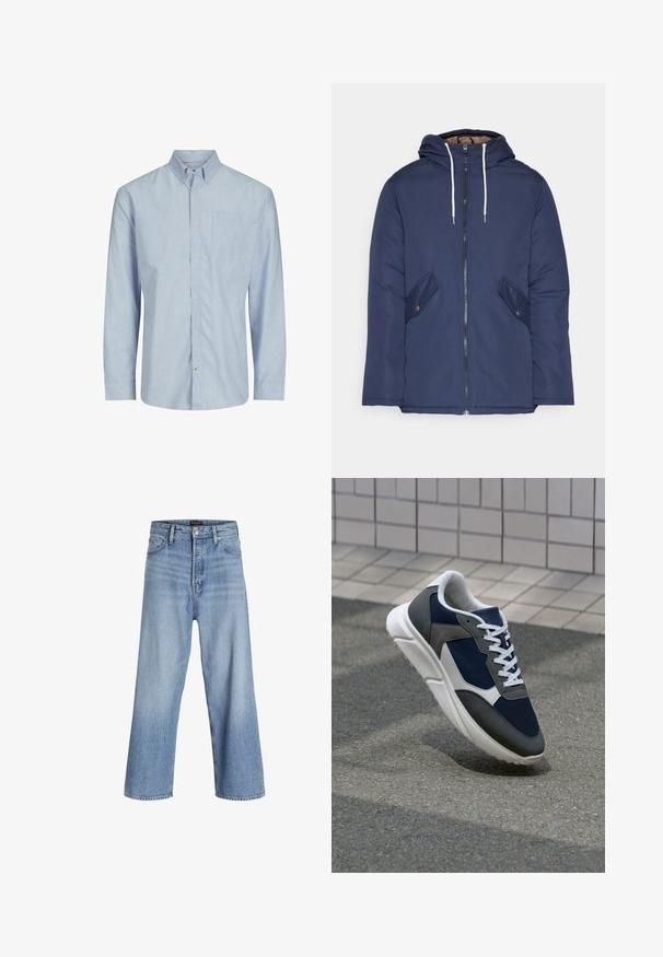 Mornarsko modra podložena jakna s kapuco, ki ima sprednji zadrgo, dva stranska žepa s gumbi in bele vrvice.; Prugasta majica s dugim rukavima u svijetloplavoj i bijeloj boji, koja ima uvojak na gumb, džep na prsima i ravni kroj. Tkanina mješavina pamuka.; Svijetloplavi traper širokih nogavica s visokim strukom, s kopčanjem na dugme, dizajnom od pet džepova i suptilnim izbljeđivanjem. Čiste završne obrube.; Superge z zgornjim delom iz mrežaste tkanine v mornarsko modri barvi, sivi usnjeni poudarki, belo gumijasto podplato in ravnimi belimi vezalkami, zasnovane za udobje in zračnost.