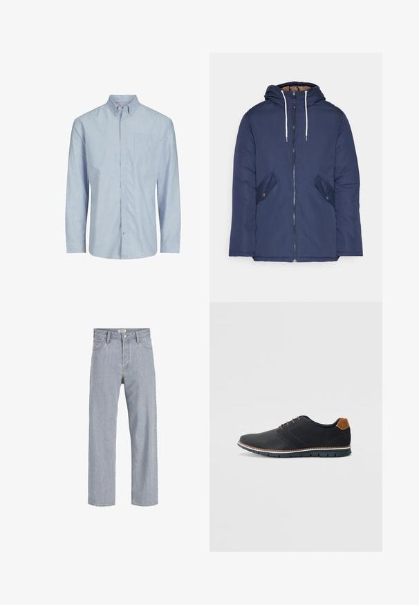 Mornarsko modra podložena jakna s kapuco, ki ima sprednji zadrgo, dva stranska žepa s gumbi in bele vrvice.; Prugasta majica s dugim rukavima u svijetloplavoj i bijeloj boji, koja ima uvojak na gumb, džep na prsima i ravni kroj. Tkanina mješavina pamuka.; Svetlo modri kavbojki s sproščenim krojem, naravnost oblikovani nogi, vidnimi šivi, dvema sprednjima žepoma in gumbnim zapiranjem.; Črne sintetične čevlje z teksturirano zgornjščino, gladkimi akcenti, rjavim petnim delom in kontrastnim podplatom. Imajo minimalno vezanje in detajle šivanja.