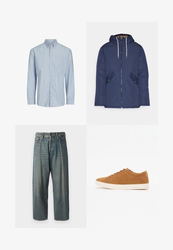 Laivasilkkinen vuorattu takki hupulla, jossa on etuvetoketju, kaksi nappikiinnityksellä varustettua sivutaskua ja valkoiset nyörit.; Vaaleansiniset ja valkoiset raidalliset pitkähihainen paita, jossa on napitettava kaulus, rintatasku ja suora leikkaus. Puuvillasekoitetta.; Vaaleansiniset farkut, joissa on väljä istuvuus, keskikorkea vyötärö ja suorat lahkeet. Ominaisuuksiin kuuluvat viisi taskua, vyölenkit ja nappisulku.; Ruske nubuk kengät, matalalla varrella, valkoinen kumipohja ja pyöreä kärki. Varustettu yhteensopivilla nauhoilla ja vähäisellä brändäyksellä kantapäässä.