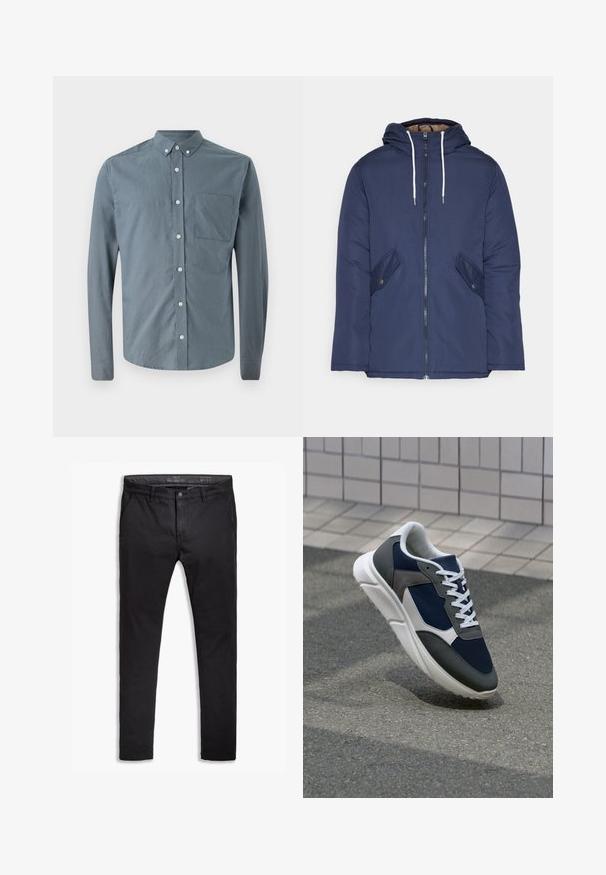Navy blue padded jacket with a hood, featuring a front zipper, two side pockets with buttons, and white drawstrings.; Button-up shirt in slate blue, long sleeves, classic collar, single chest pocket, and white buttons with a smooth fabric texture.; Black cotton chinos with a tapered fit, featuring five pockets, belt loops, and a smooth texture. Zip fly with a button closure.; Sneaker featuring a navy blue mesh upper, gray suede accents, white rubber sole, and flat white laces, designed for comfort and breathability.