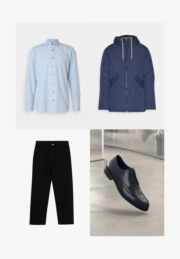 Sötétkék bélelt dzseki kapucnival, elülső cipzárral, két oldalsó zsebbel gombokkal és fehér húzózsinórokkal.; Világoskék kockás, hosszú ujjú ing, terjesztett gallérral, fekete gombokkal és egy texturált mintával az anyagon.; Fekete farmernadrág, egyenes szabással, öt zsebből álló dizájnnal és elülső gombos záródással. Simább felület minimális varrási részletekkel.; Fényes fekete bőrcipő fűzőkkel, lebeg egy sima, világosszürke padló felett, háttérben függő fémboltokkal.