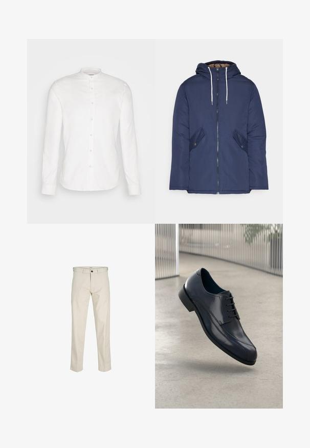 Mornarsko modra podložena jakna s kapuco, ki ima sprednji zadrgo, dva stranska žepa s gumbi in bele vrvice.; Bela srajca s dolgimi rokavi in mandarin ovratnikom ter sprednjim zapenjanjem. Narejena iz bombaža, s gladko teksturo in gumbi za zapiranje.; Bež bombažne hlače s ravnim krojem, gumbom za zaponko, sprednjimi žepi in šivanimi šivi. Gladka tekstura, minimalno pozornost na podrobnosti in brez vzorcev.; Svetleče črne usnjene čevlje za obleko z vezalkami, ki lebdi nad gladko, svetlo sivo tlemi ter vertikalnimi kovinskimi palicami v ozadju.