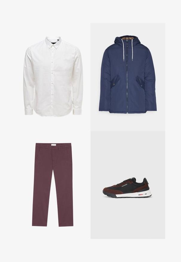 Veste matelassée bleu marine avec capuche, dotée d'une fermeture éclair à l'avant, de deux poches latérales avec boutons et de cordons de serrage blancs.; Chemise blanche à manches longues avec col, présentant une texture lisse et six boutons sur le devant. Coupe ajustée avec des manches à poignets.; Pantalons en coton bordeaux avec une coupe droite, dotés de deux poches latérales et d'une fermeture à bouton à l'avant. Texture lisse et sans motifs visibles.; Tommy Hilfiger RETRO RUNNER MIX - Baskets basses - black/cocoa