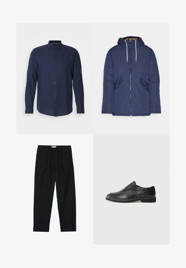 Navy blue padded jacket with a hood, featuring a front zipper, two side pockets with buttons, and white drawstrings.; Dark navy long-sleeve shirt made of lightweight fabric, featuring a button-down collar, front buttons, and rolled cuffs for adjustable fit.; Pier One Chinos - black; Black leather slip-on shoe with a smooth upper, stitched accents, rounded toe, and a low rubber heel. Sole features minimal tread.