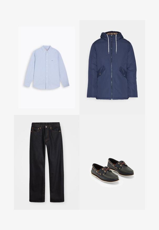 Giacca imbottita blu navy con cappuccio, dotata di zip frontale, due tasche laterali con bottoni e lacci bianchi.; Camicia button-up con righe verticali blu e bianche, maniche lunghe, colletto e un piccolo logo ricamato sul petto. Materiale in cotone.; Jeans neri in denim dritto da uomo con cinque tasche e cuciture arancioni, chiusura con bottone e zip sulla vita anteriore.; Scarpe da barca in pelle blu navy con cuciture gialle, lacci rossi e occhielli argentati; punta tonda; suola in gomma bianca.