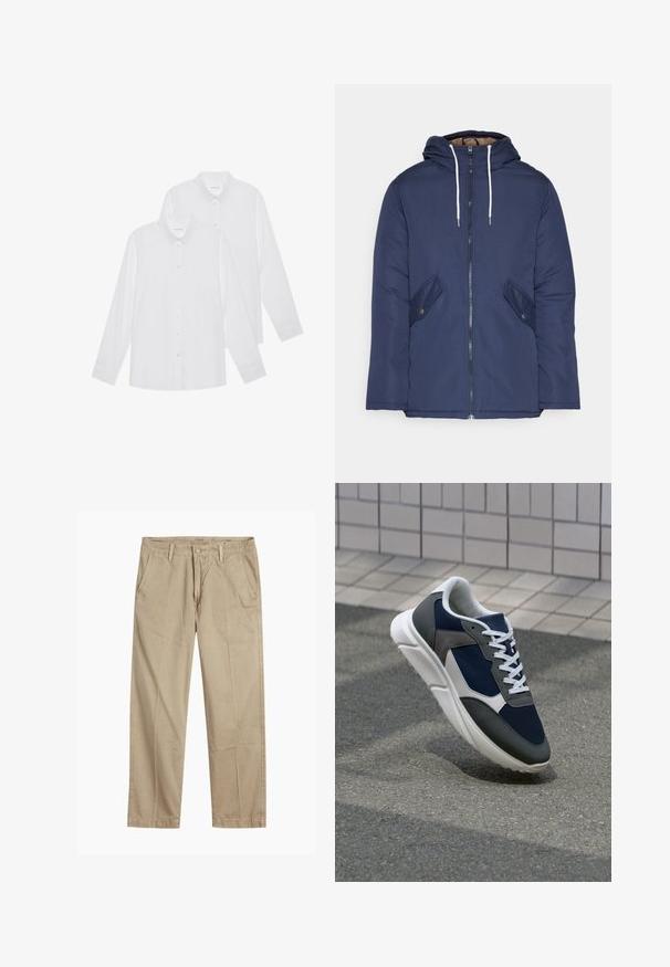 Marinblå vadderad jacka med huva, som har en framdragkedja, två sidofickor med knappar och vita dragsnören.; Vita långärmade skjortor i ett paket om två, med knäppning fram, krage och manschetter, tillverkade av ett slätt tyg utan mönster.; Beige rak ben chinos med bälteshällor, framknapp och dragkedja, samt snedställda framfickor.; Sko med överdel i marinblå mesh, grå mockadetaljer, vit gummisula och platta vita snören, designad för komfort och andningsförmåga.