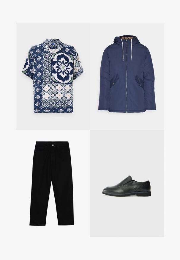 Marineblauwe gewatteerde jas met een capuchon, voorzien van een rits aan de voorkant, twee zijzakken met knopen en witte trekkoorden.; Korte mouwen shirt in marineblauw met bloemige en geometrische patronen, voorzien van knoopsluiting, zachte stof en contrasterende groene en witte accenten.; Zwarte denim broek met een recht gesneden pasvorm, vijf gebruikersvriendelijke zakken en een sluiting met een knoop aan de voorkant. Soepele textuur met minimale stikdetails.; Zwarte leren instapper met een soepele bovenkant, gestikte accenten, ronde neus en een lage rubberen hak. De zool heeft minimale profiel.