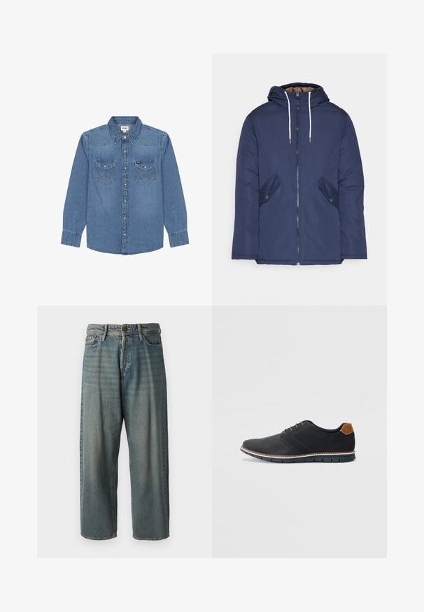 Marineblau gepadded Jacke mit Kapuze, ausgestattet mit einem Reißverschluss vorne, zwei seitlichen Taschen mit Knöpfen und weißen Kordeln.; Hellblaues Denim-Hemd mit langen Ärmeln, spitzem Kragen, zwei Brusttaschen, Druckknöpfen und verstärkten Nähten. Wrangler-Branding auf der Tasche.; Helle blaue Denim-Jeans mit lockerer Passform, mittelhoher Taille und geraden Beinen. Hat fünf Taschen, Gürtelschlaufen und einen Knopfverschluss.; Schwarze synthetische Schuhe mit einer strukturierten Oberseite, glatten Akzenten, braunem Absatz und einer kontrastierenden Sohle. Verfügt über minimale Schnürung und Nähdetails.