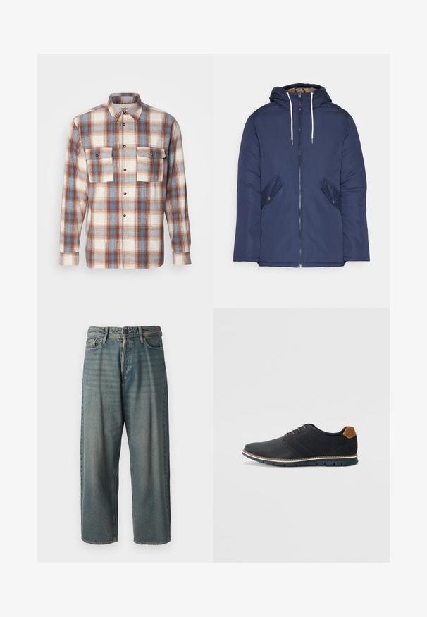 Tumesinine vahtkatseline jakk, millel on kapuuts, esilukk, kaks küljetaskut nupuga ja valged tõmblukud.; Kreemjas, pruunis ja helesinises ruuduline särk. Pikad varrukad, nööpidega esiosa kahel rinnataskul, mustad nööbid. Pehme tekstuur.; Heledad sinine denim-stiilis teksad, volüümse lõike, keskmise kõrgusega talje ja sirgete säärega. Omab viit taskut, vöökumme ja nööpide sulgemist.; Mustavad sünteetilised jalatsid tekstureeritud pealsega, siledad aktsendid, pruun kand ja kontrastne tall. Omab minimaalset lukkude ja õmbluste dekoratsiooni.