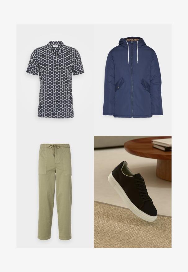 Sötétkék bélelt dzseki kapucnival, elülső cipzárral, két oldalsó zsebbel gombokkal és fehér húzózsinórokkal.; Tengerészkék, rövid ujjú ing, fehér körkörös mintával, gombos elejével és puha anyagú textúrával.; Világos olíva zöld színű, pamut keverékből készült nadrág, rugalmas derékrésszel és zsinórral, valamint két nagy oldalzsebbel.; Fekete sneakers fehér talppal lebeg egy bézs textúrájú szőnyeg felett, egy kerek fából készült asztal közelében, rajta egymásra pakolt könyvekkel.