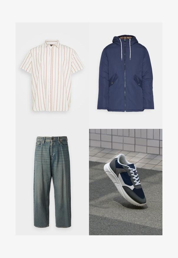 Mornarsko modra podložena jakna s kapuco, ki ima sprednji zadrgo, dva stranska žepa s gumbi in bele vrvice.; Srajca s kratkimi rokavi in gumbi iz belega blaga, ki ima ožje, navpične rdeče črte. Klasičen ovratnik in ravno zasnovan rob.; Svetlomoderne kavbojke z ohlapnim krojem, srednjim pasom in ravnimi nogami. Imajo pet žepov, zanke za pas in zapiranje na gumb.; Superge z zgornjim delom iz mrežaste tkanine v mornarsko modri barvi, sivi usnjeni poudarki, belo gumijasto podplato in ravnimi belimi vezalkami, zasnovane za udobje in zračnost.