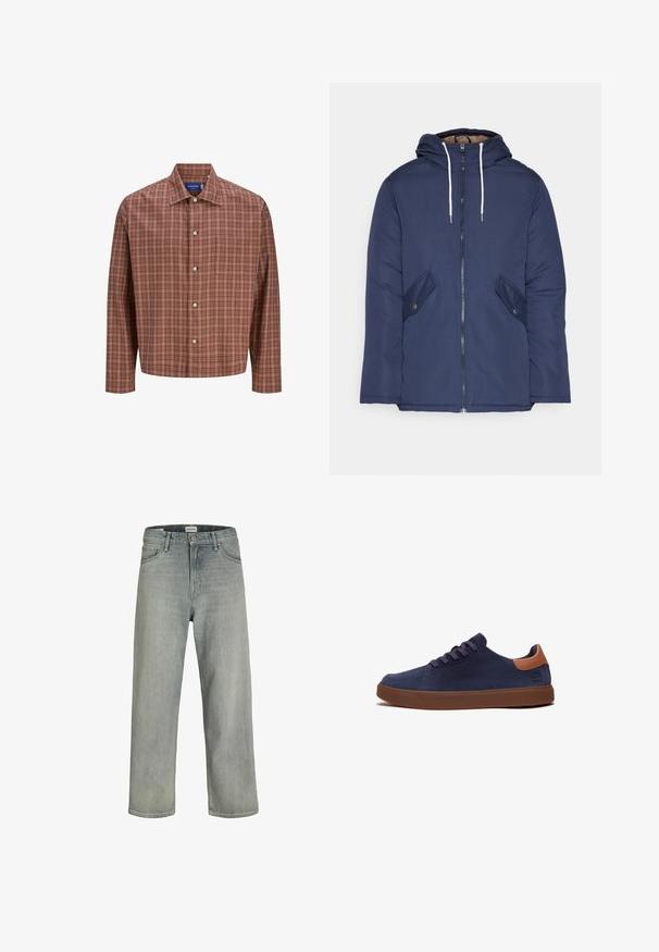 Marineblauwe gewatteerde jas met een capuchon, voorzien van een rits aan de voorkant, twee zijzakken met knopen en witte trekkoorden.; Rood en bruin geruit overhemd met een puntige kraag, lange mouwen en witte knopen, gemaakt van lichtgewicht, gestructureerde stof.; Lichtgrijze, loszittende spijkerbroeken van denim. Beschikt over een klassiek vijf-pocket ontwerp, riemlussen en een rechte pijp silhoët.; Marineblauwe suède sneaker met een bruin leren accent op de hiel, ronde neus en een bruine rubberen zool. Beschikt over veters en minimale branding op de zijkant.
