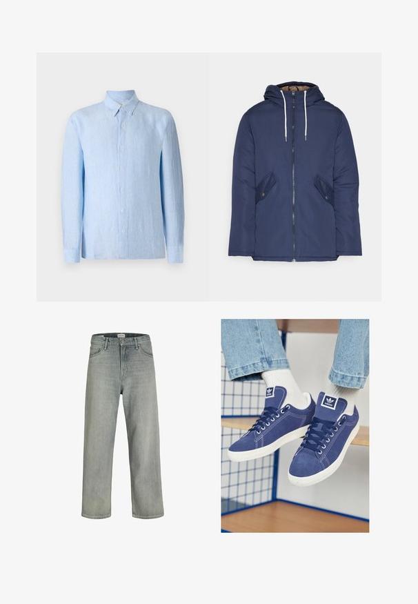 Tumesinine vahtkatseline jakk, millel on kapuuts, esilukk, kaks küljetaskut nupuga ja valged tõmblukud.; Hele sinine, pika varrukaga nööbiga särk, mis on valmistatud tekstuuriga kangast. Omab klassikalist kraed ja esipoolt nööpide rida.; Heledad hallhallid, laia lõikega denimist teksased. Omavad klassikalist viie tasku disaini, vööloopse ja sirget säärelõiget.; Tumesinised Adidas tenniset, mis on valmistatud nahast, valgete kummitaldadega, ümarate varvastega ja logoga sildiga keele peal. Heledad valged sokid on nähtavad.