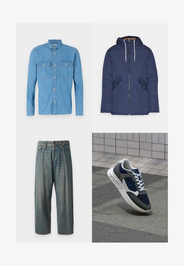 Navy blue padded jacket with a hood, featuring a front zipper, two side pockets with buttons, and white drawstrings.; Light blue denim shirt with long sleeves, button-up front, two chest pockets, pointed collar, and gold buttons. Smooth texture, casual design.; Light blue denim jeans with a loose fit, mid-rise waist, and straight legs. Features five pockets, belt loops, and a button closure.; Sneaker featuring a navy blue mesh upper, gray suede accents, white rubber sole, and flat white laces, designed for comfort and breathability.