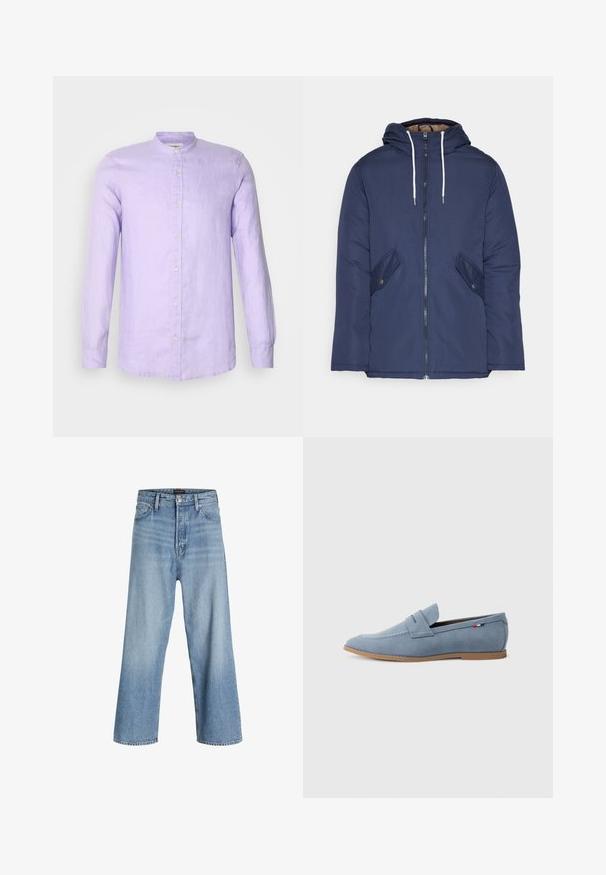 Giacca imbottita blu navy con cappuccio, dotata di zip frontale, due tasche laterali con bottoni e lacci bianchi.; Camicia a maniche lunghe con bottoni in lino di un delicato colore lavanda, dotata di colletto rialzato e chiusura frontale con bottoni. Tessuto morbido con una vestibilità rilassata.; Jeans blu chiaro a gamba larga realizzati in denim, con vita alta, classico design a cinque tasche e chiusura a bottone con zip.; Mocassino in suede celeste con una superficie liscia, cuciture decorative e suola in gomma marrone. Presenta un design con fessura per moneta sulla parte superiore.