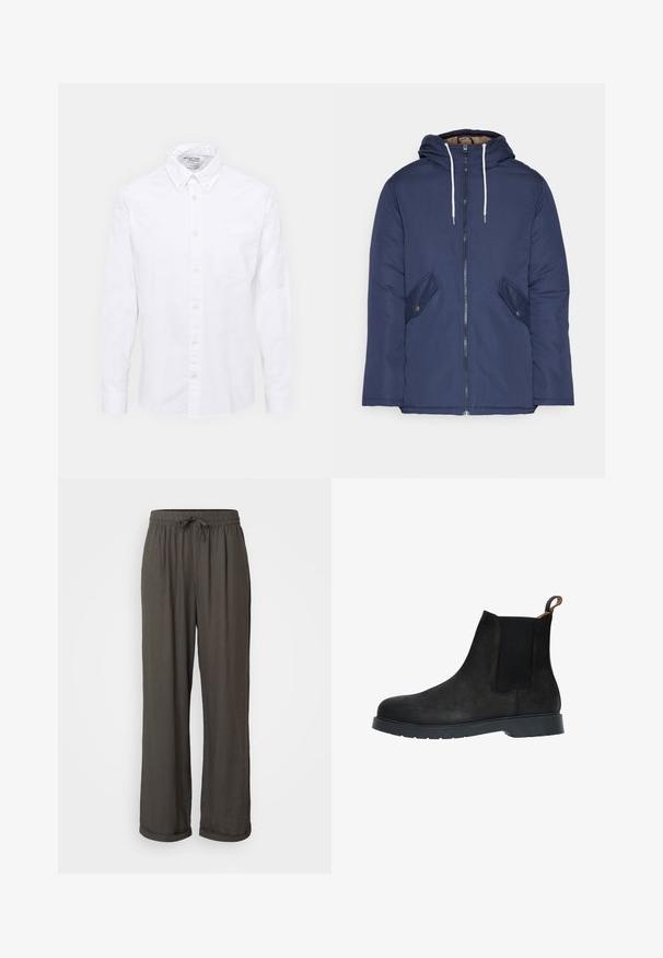 Chaqueta acolchada de color azul marino con capucha, cuenta con un cierre frontal de cremallera, dos bolsillos laterales con botones y cordones blancos.; Camisa blanca de botones hecha de algodón. Presenta un cuello clásico, un bolsillo frontal y mangas largas. Textura suave con un brillo sutil.; Pantalones de pierna ancha en gris oscuro con cintura ajustable, hechos de una tela suave y texturizada, que cuentan con puños enrollados en los tobillos.; Botín Chelsea de ante negro con paneles laterales elásticos y una lengüeta. Punta redondeada y suela de goma plana para mayor estabilidad.