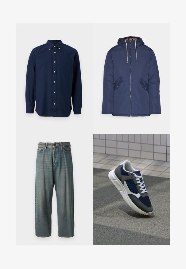 Veste matelassée bleu marine avec capuche, dotée d'une fermeture éclair à l'avant, de deux poches latérales avec boutons et de cordons de serrage blancs.; Chemise à manches longues bleu marine à boutons, avec une poche poitrine et un col boutonné, présentée sur un fond blanc.; Jeans en denim bleu clair avec une coupe ample, taille mi-haute et jambes droites. Comprend cinq poches, des passants de ceinture et une fermeture à bouton.; Baskets avec une tige en mesh bleu marine, des accents en suède gris, une semelle en caoutchouc blanc et des lacets plats blancs, conçues pour le confort et la respirabilité.