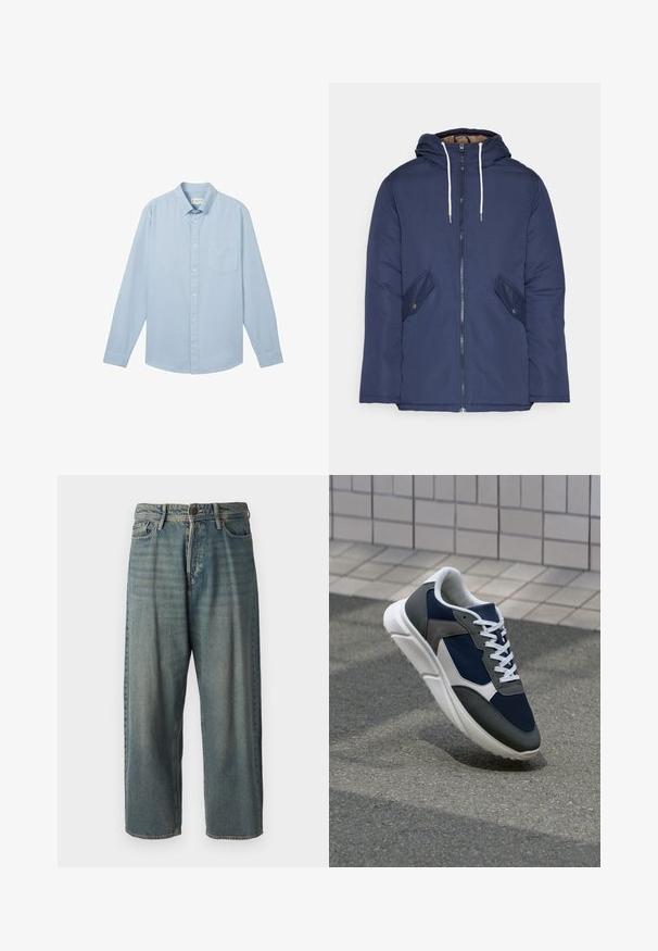 Marineblau gepadded Jacke mit Kapuze, ausgestattet mit einem Reißverschluss vorne, zwei seitlichen Taschen mit Knöpfen und weißen Kordeln.; Helles blaues Langarmhemd aus einem Stoff mit strukturiertem Muster, mit einem Button-Down-Kragen und einer einzelnen Brusttasche.; Helle blaue Denim-Jeans mit lockerer Passform, mittelhoher Taille und geraden Beinen. Hat fünf Taschen, Gürtelschlaufen und einen Knopfverschluss.; Sneaker mit einem Obermaterial aus navyblauem Mesh, grauen Wildlederelementen, einer weißen Gummisohle und flachen weißen Schnürsenkeln, entworfen für Komfort und Atmungsaktivität.