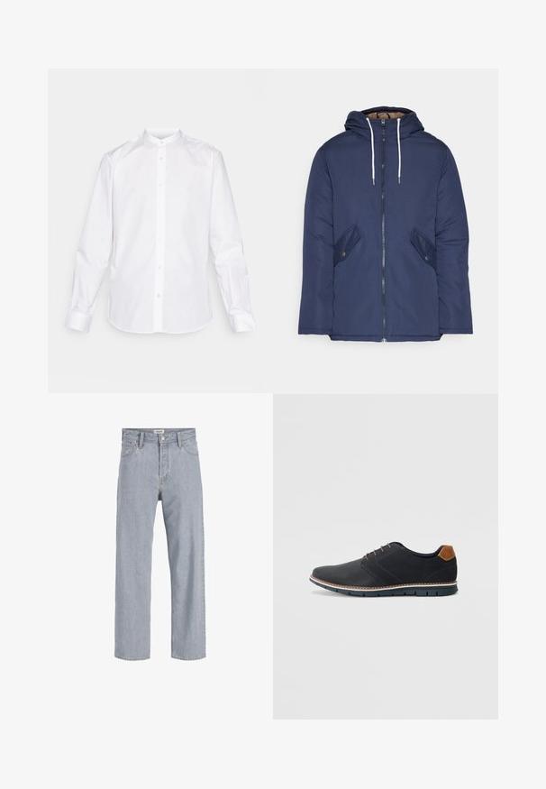Granatowa pikowana kurtka z kapturem, z zamkiem z przodu, dwoma bocznymi kieszeniami z guzikami oraz białymi sznurkami.; Biała koszula z długim rękawem, z kołnierzykiem typu band, zapinana z przodu na guziki, z zapiętymi mankietami. Wykonana z gładkiego materiału o wykończeniu typu crisp.; Jasnoniebieskie dżinsy o luźnym kroju, prostych nogawkach, widocznym szwie, dwóch przednich kieszeniach i zapięciu na guzik.; Czarne syntetyczne buty z fakturowaną cholewką, gładkimi akcentami, brązowym obcasem i kontrastującą podeszwą. Charakteryzują się minimalnym sznurowaniem i detalami w szwach.