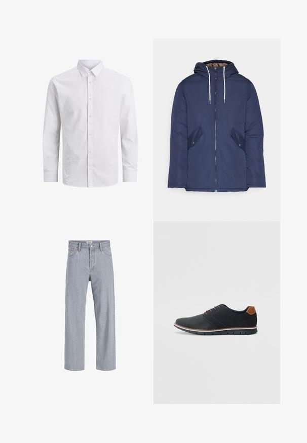 Giacca imbottita blu navy con cappuccio, dotata di zip frontale, due tasche laterali con bottoni e lacci bianchi.; Camicia da uomo a maniche lunghe bianca realizzata in cotone liscio, con colletto classico e chiusura frontale a bottoni, priva di fantasie o accessori.; Jeans in denim azzurro chiaro con vestibilità rilassata, design a gamba dritta, cuciture visibili, due tasche frontali e chiusura con bottone.; Scarpe sintetiche nere con tomaia testurizzata, dettagli lisci, tacco marrone e suola a contrasto. Presentano una lacerazione minimale e dettagli di cucitura.