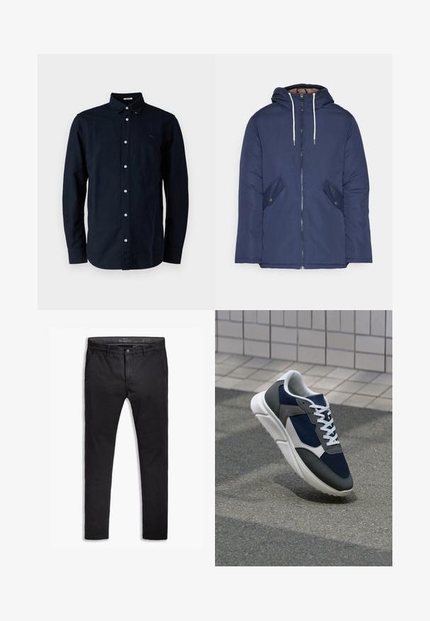 Marineblauwe gewatteerde jas met een capuchon, voorzien van een rits aan de voorkant, twee zijzakken met knopen en witte trekkoorden.; Marineblauwe button-up shirt van katoen, met een klassieke kraag, lange mouwen en een klein geborduurd logo op de borst.; Zwarte katoenen chinos met een taps toelopende pasvorm, voorzien van vijf zakken, riemlussen en een gladde textuur. Ritssluiting met een knoopsluiting.; Sneaker met een marineblauwe mesh bovenwerk, grijze suède accenten, witte rubberen zool en platte witte veters, ontworpen voor comfort en ademend vermogen.