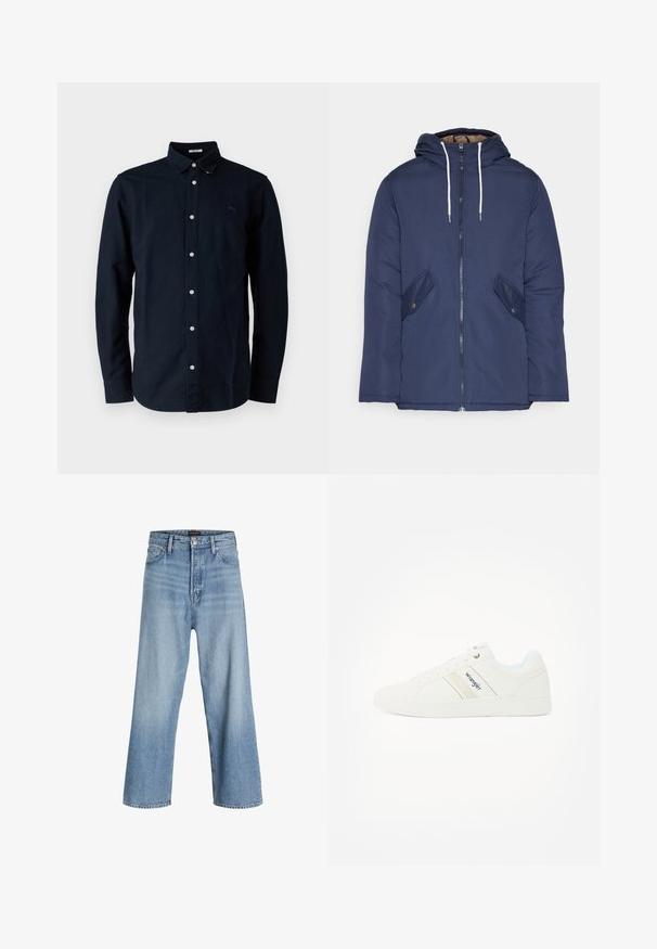Sötétkék bélelt dzseki kapucnival, elülső cipzárral, két oldalsó zsebbel gombokkal és fehér húzózsinórokkal.; Tengerészkék, gombos pamut ing, klasszikus gallérral, hosszú ujjakkal és egy kis hímzett logóval a mellrészen.; Világoskék, bő szárú farmernadrág, magas derékkal, klasszikus öt zsebes kialakítással, gombos záródással és cipzáros sliccsel.; Fehér sneaker bőrhatású anyagból, világosbarna oldalcsíkokkal és kék kiegészítővel a belső részen. A logó az oldalon látható.