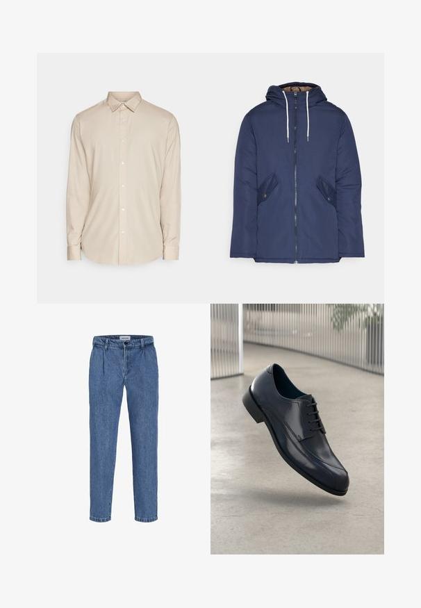 Námornícky modrá vystužená bunda s kapucňou, so zipsom vpredu, dvomi bočnými vreckami s gombíkmi a bielymi šnúrkami.; Bežová dlhá košeľa s golierom a gombíkmi, rovného strihu a hladkej textúry. Má biele gombíky pozdĺž prednej strany.; Svetlomodré džíny s uvoľneným strihom, s vysokým pásom, dvoma prednými záhybmi a obrubovaným lemom. Jednoduché zapínanie na gombík a zips.; Lesklá čierna kožená obuv na šnurovanie, ktorá sa vznáša nad hladkým, svetlošedým podlahou a vertikálnymi kovovými tyčami v pozadí.