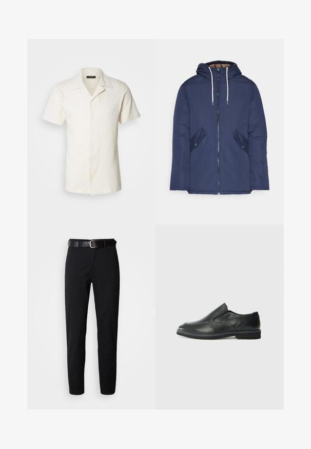 Casaco acolchoado azul-marinho com capuz, apresentando um fecho frontal com zíper, dois bolsos laterais com botões e cordões brancos.; Camisa de manga curta, com colarinho, em tecido texturizado off-white, apresentando um padrão de riscas verticais e um fecho frontal com botões completo.; Calças pretas de corte reto, com uma textura suave e um cinto de couro preto com fivela prateada. Design simples, sem padrões ou acentos.; Sapato slip-on preto em pele com um upper liso, acabamentos cosidos, bico arredondado e um salto de borracha baixo. A sola apresenta um padrão de aderência mínimo.