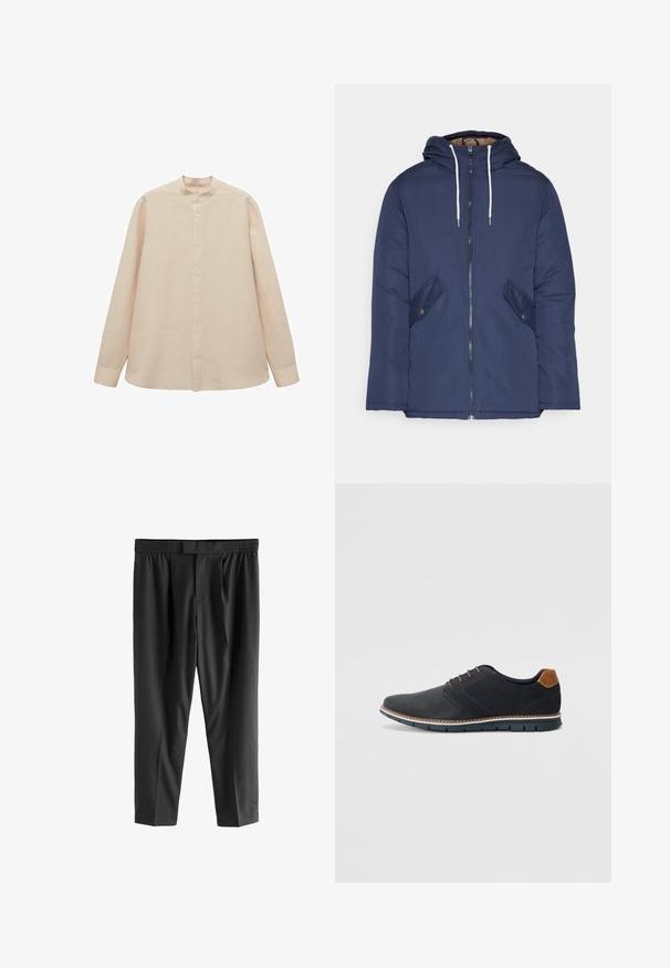 Marineblauwe gewatteerde jas met een capuchon, voorzien van een rits aan de voorkant, twee zijzakken met knopen en witte trekkoorden.; Licht beige langslievende blouse met een bandkraag, knoopsluiting aan de voorkant en rechte snit. Zachte stoftextuur, comfortabele pasvorm en geen zichtbare patronen.; Next REGULAR FIT -CHECK SMART - Chino - black; Zwarte synthetische schoenen met een gestructureerde bovenkant, gladde accenten, bruine hak en een contrasterende zool. Bevat minimale veters en stikdetails.