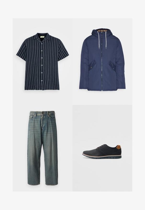 Casaco acolchoado azul-marinho com capuz, apresentando um fecho frontal com zíper, dois bolsos laterais com botões e cordões brancos.; Camisa de botões de manga curta em azul marinho escuro com riscas verticais brancas. Tecido suave, colarinho clássico e um acabamento texturizado subtil.; Jeans de ganga azul claro com um corte solto, cintura média e pernas retas. Apresenta cinco bolsos, passadores de cinto e fecho com botão.; Sapatos sintéticos pretos com um upper texturizado, pormenores lisos, salto castanho e uma sola contrastante. Apresentam um sistema de atacadores mínimo e detalhes de costura.