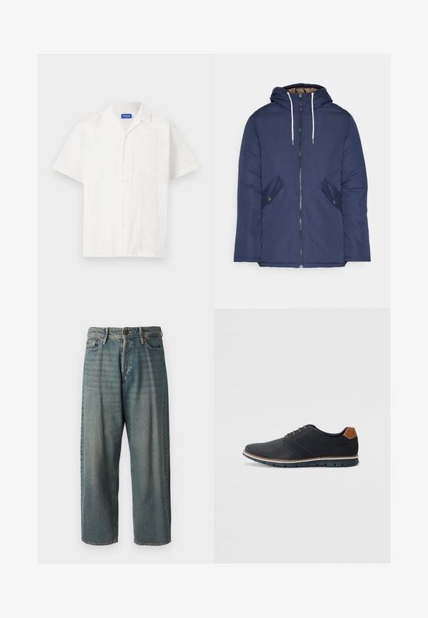 Sötétkék bélelt dzseki kapucnival, elülső cipzárral, két oldalsó zsebbel gombokkal és fehér húzózsinórokkal.; Fehér, rövid ujjú ing, gombos záródással, bonyolult mintákkal az elején és klasszikus gallérkialakítással.; Világoskék farmernadrág, laza fazonnal, közepes derékbőséggel és egyenes szárral. Öt zsebet, övbucskát és gombos záródást tartalmaz.; Fekete szintetikus cipők, textúrált felsőrésszel, sima díszítésekkel, barna sarkával és kontrasztos talppal. Minimális fűzéssel és varrási részletekkel rendelkezik.