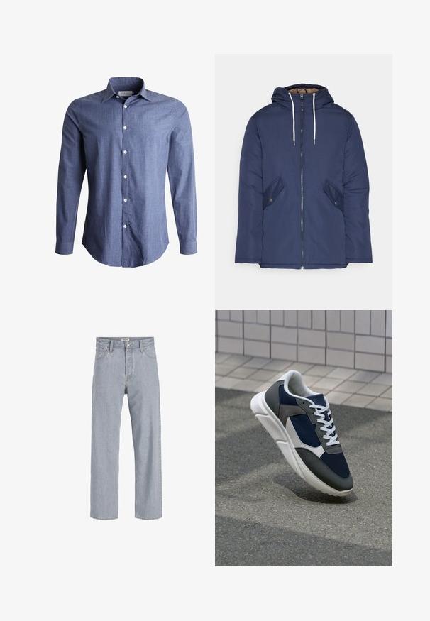 Veste matelassée bleu marine avec capuche, dotée d'une fermeture éclair à l'avant, de deux poches latérales avec boutons et de cordons de serrage blancs.; Chemise à manches longues bleue en tissu léger, avec un col classique, un devant à boutons et des boutons blancs. Texture lisse, design polyvalent.; Jean en denim bleu clair avec une coupe décontractée,à jambe droite, coutures visibles, deux poches avant et fermeture par bouton.; Baskets avec une tige en mesh bleu marine, des accents en suède gris, une semelle en caoutchouc blanc et des lacets plats blancs, conçues pour le confort et la respirabilité.