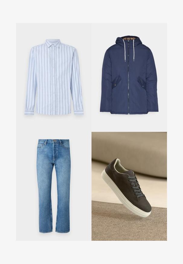 Sötétkék bélelt dzseki kapucnival, elülső cipzárral, két oldalsó zsebbel gombokkal és fehér húzózsinórokkal.; Világoskék, hosszú ujjú ing fehér és sötétkék függőleges csíkokkal, gombos gallérral és elöl gombos záródással. Friss szövet textúra.; Világoskék farmernadrág egyenes szárú szabással, klasszikus öt zsebes dizájnnal, gombos záródással és kontrasztos varrással.; Sötétszürke velúr sportcipő, illeszkedő fűzőkkel és fehér gumitalppal, egy texturált bézs felület felett helyezkedik el, lágy háttérrel.