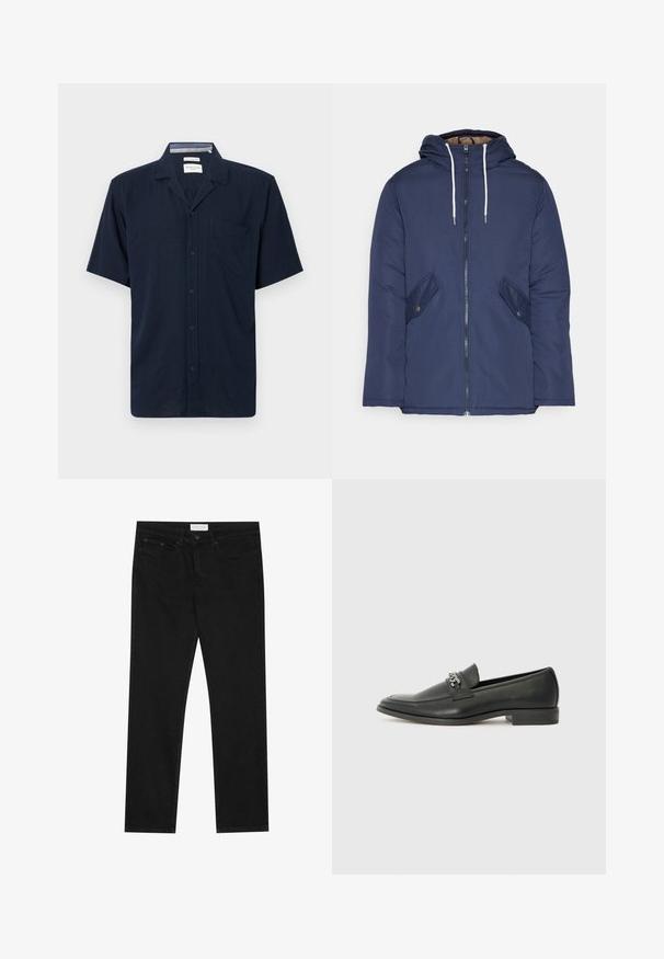 Mornarsko modra podložena jakna s kapuco, ki ima sprednji zadrgo, dva stranska žepa s gumbi in bele vrvice.; Kratek rokav srajce v temno modrem materialu, s ovratnikom, sprednjim gumbom in enim žepom na levi strani.; Črne ravne jeans hlače s petimi žepi, z gumbom in zadrgo za zapiranje ter oznako blagovne znamke Pier One na pasu.; Črni usnjeni loafer z gladko površino, ki ima šivano zasnovo in dekorativni kovinski verižni naglas preko vampirja. Ravno peto.